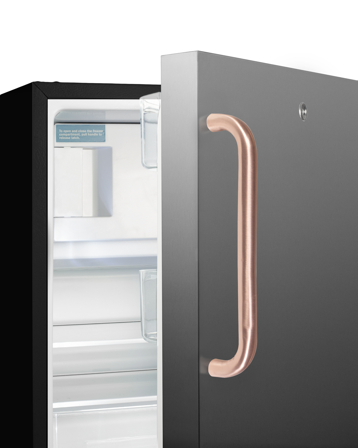 Built-in undercounter, ADA compliant refrigerator-freezer designed for general purpose storage, with a stainless steel door, pure copper towel bar handle, manual defrost operation, and front lock